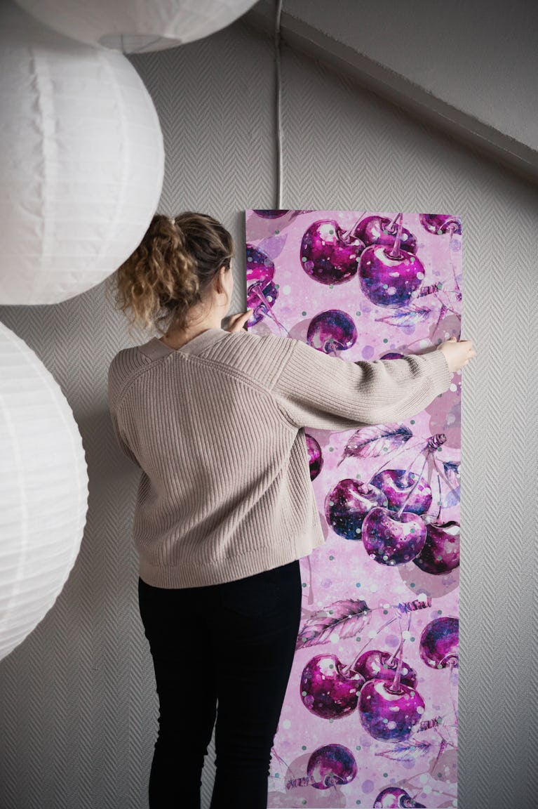 Cherries magical on pink lilac wallpaper roll