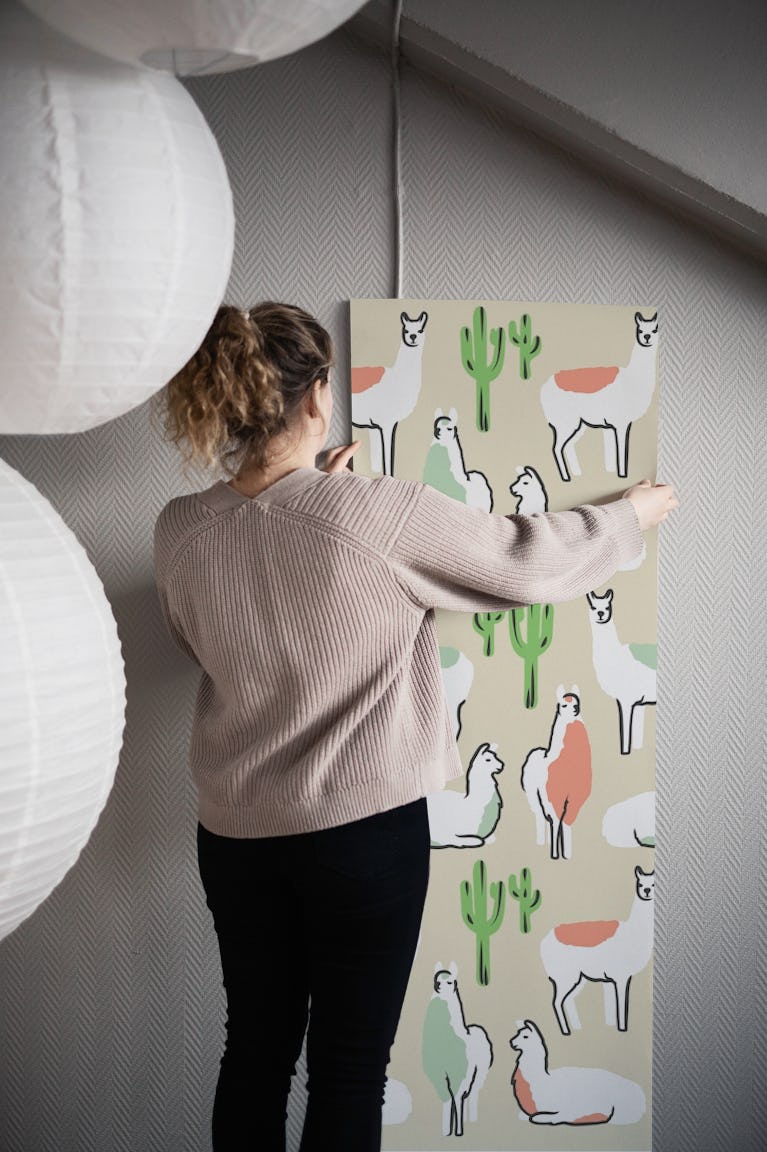 Happy Llama Pattern Light Sage Green wallpaper roll