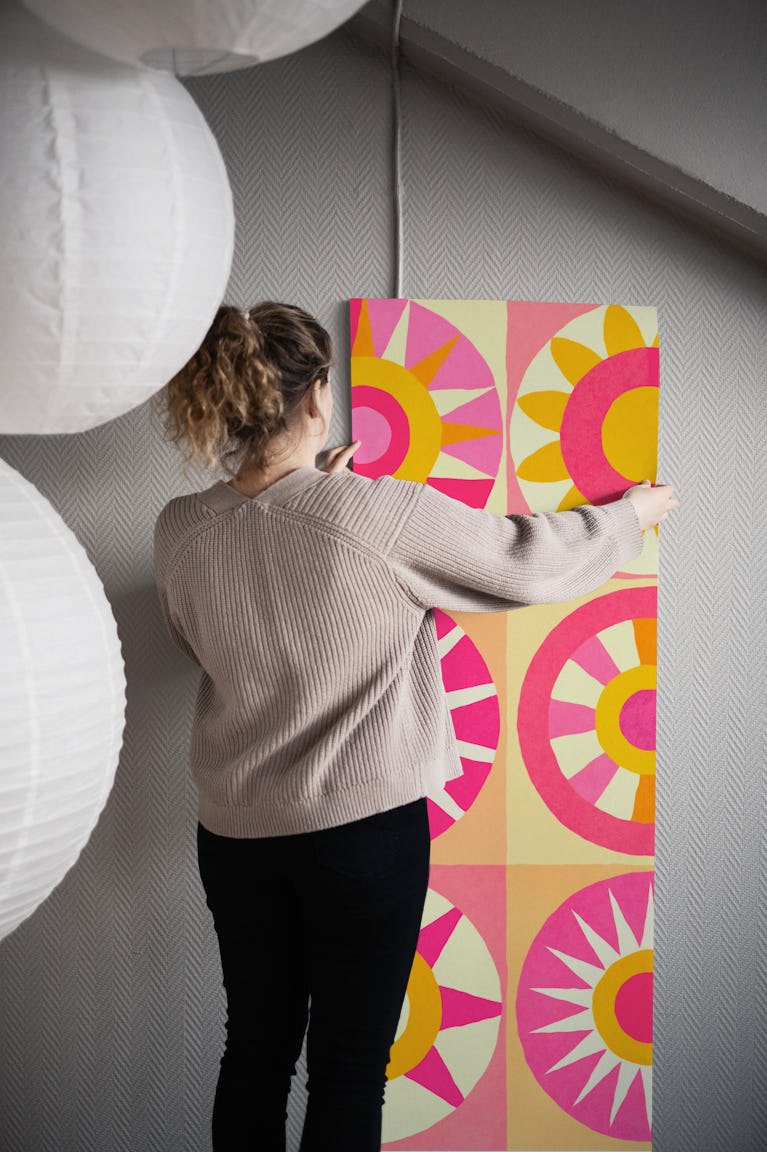 Stylized Sun And Circle Tiles Pink Orange wallpaper roll