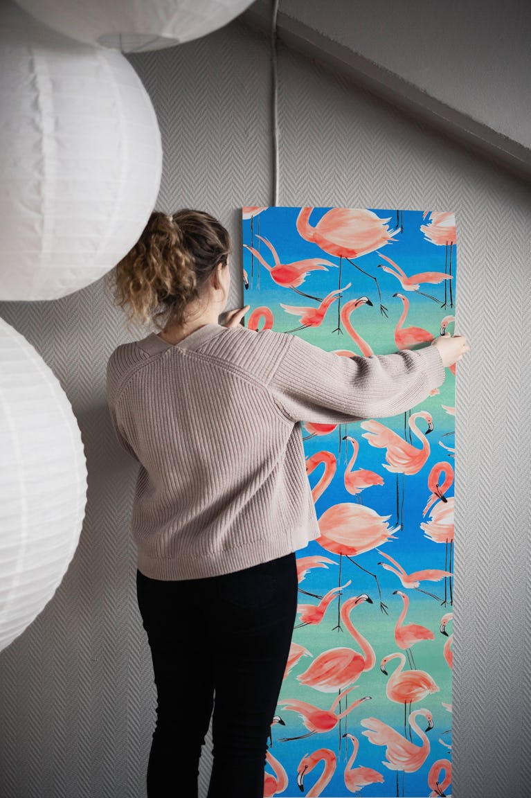 Watercolor Pink Flamingos wallpaper roll