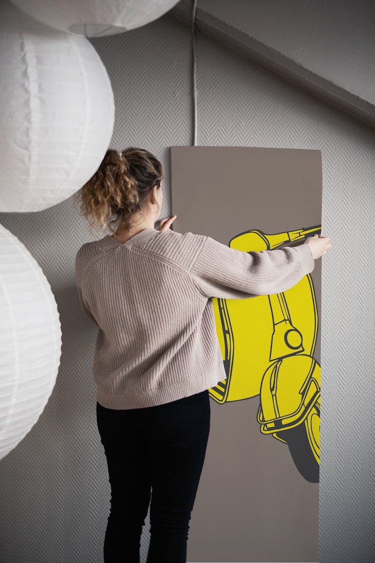 Saffron Yellow Vespa Bike on Taupe Brown wallpaper roll