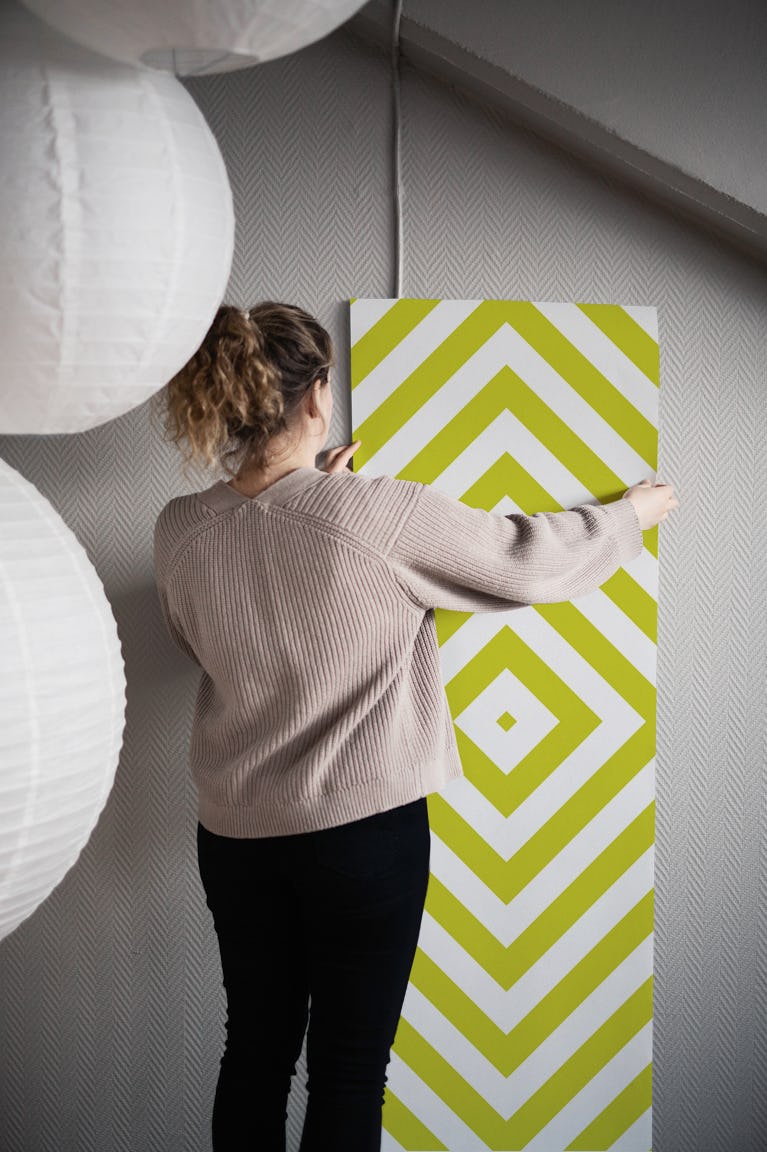 Lime green white square illusion wallpaper roll