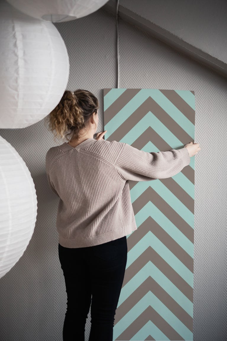 Aqua blue beige chevron pattern wallpaper roll