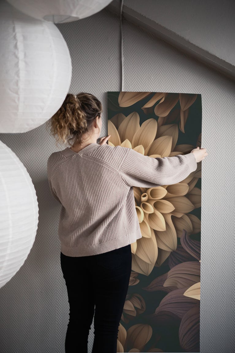 Opulent Moody Dahlia Fall Flowers Brown Beige wallpaper roll