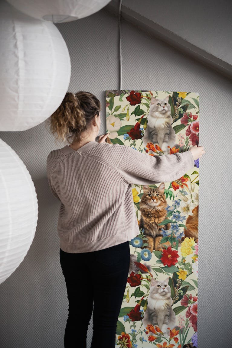 Cat and Floral Pattern IV wallpaper roll