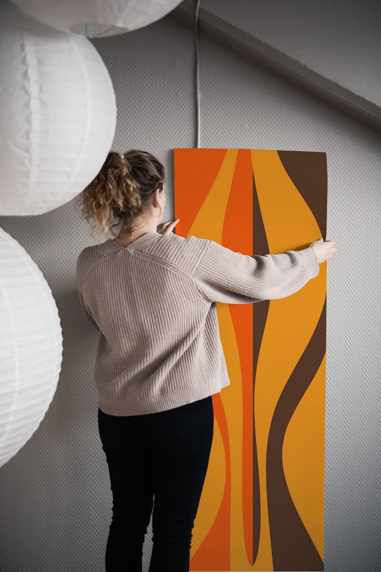 Retro Mid Mod Striped Lounge 70s Orange Brown wallpaper roll