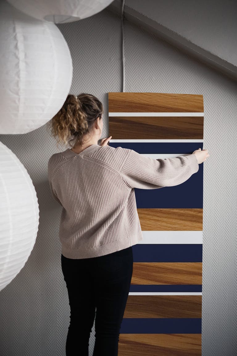 Wood Navy Blue White Stripes 1 wallpaper roll