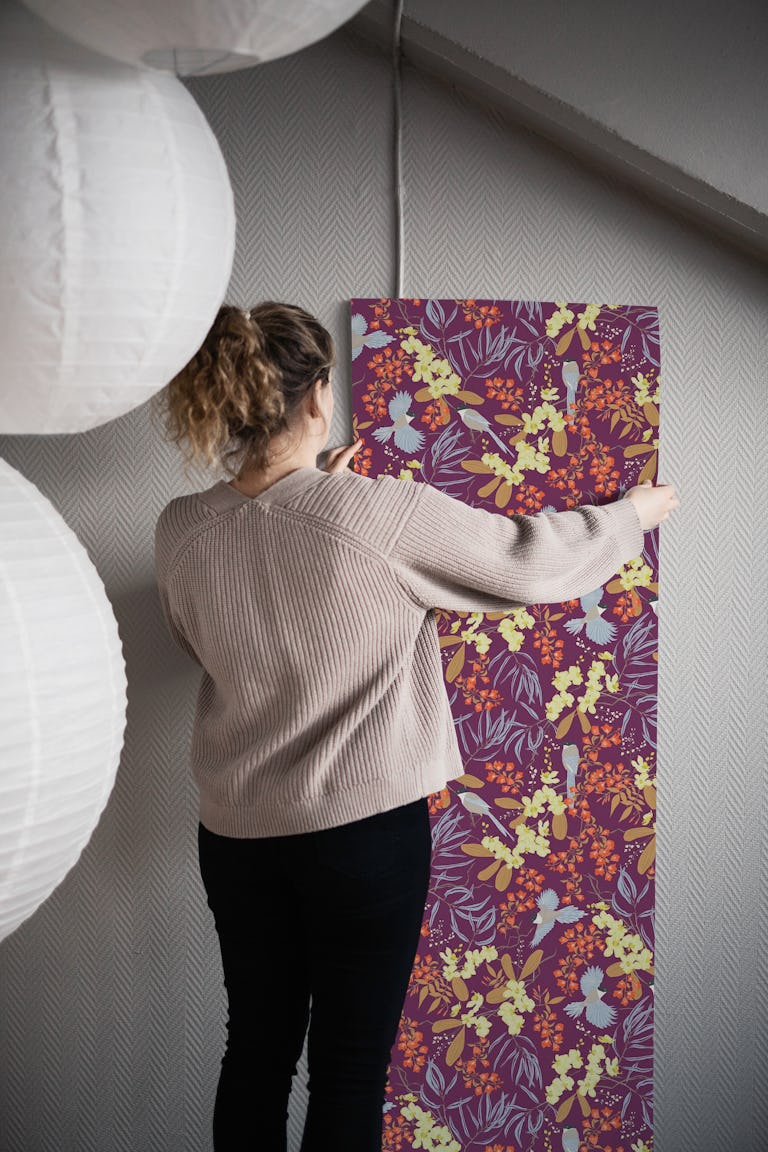 Magpie Floral Blooms in deep plum wallpaper roll