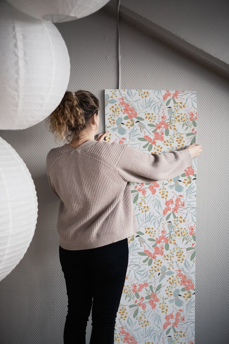 Magpie Floral Blooms in white wallpaper roll