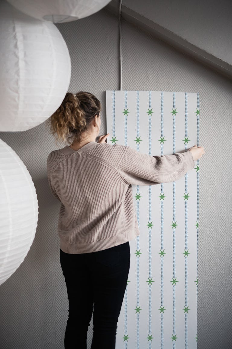 Dot and star stripes - blue and green wallpaper roll