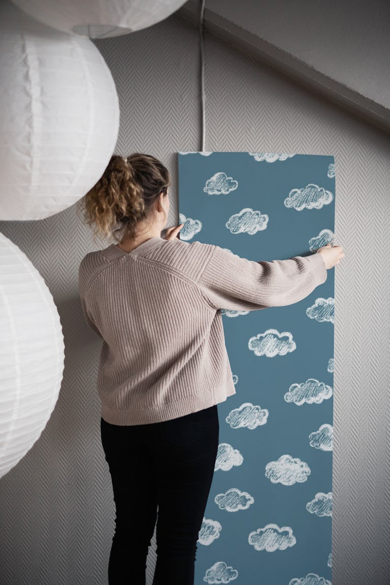 Chalk Clouds Pattern On Slate Blue wallpaper roll