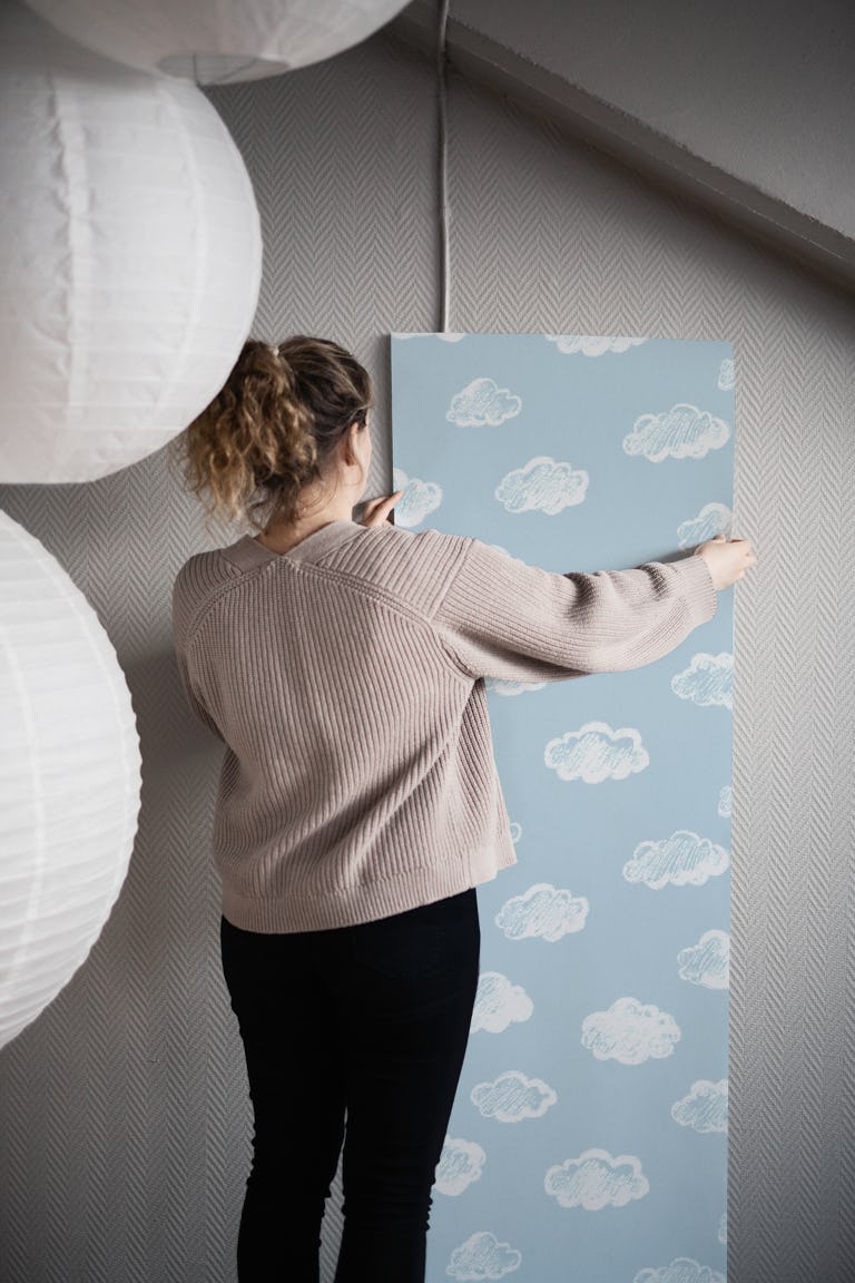 Chalk Clouds Pattern On Powder Blue wallpaper roll