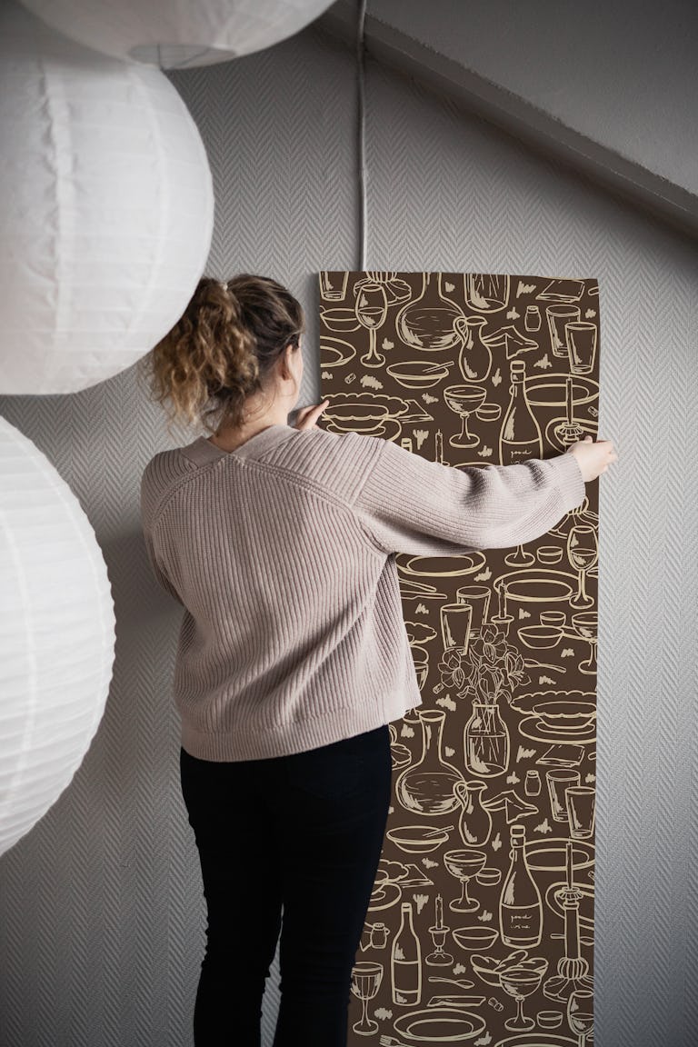Linework bottles & dishes XL – brown beige wallpaper roll
