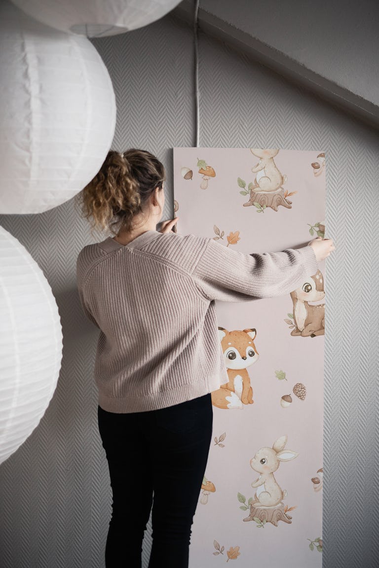 Little Woodland Friends - dusty rose wallpaper roll