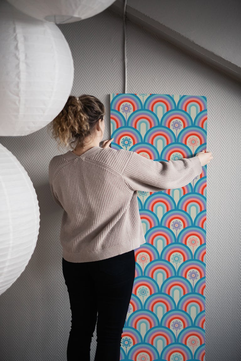 Rainbow Floral Retro Scandi Blue Red Pink wallpaper roll
