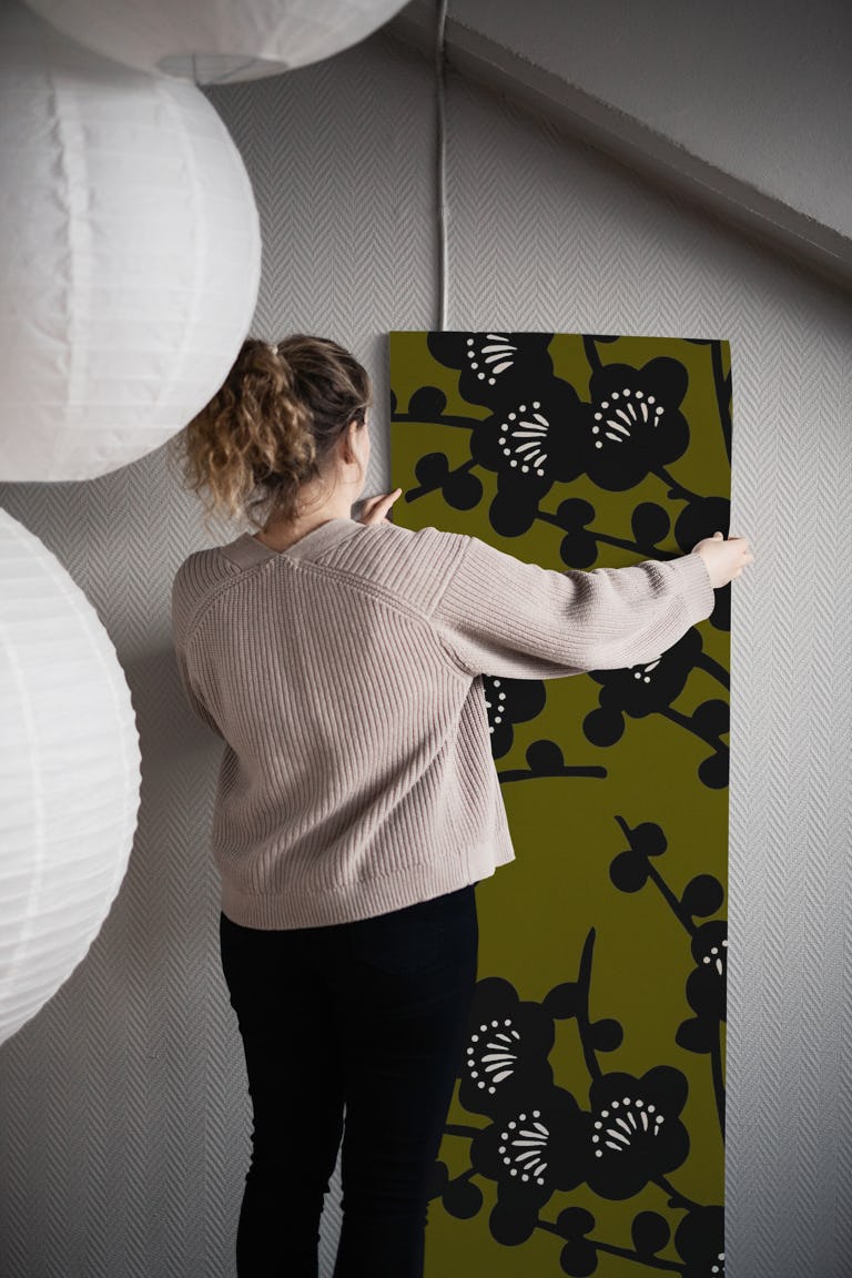 Modern Cherry Blossom - Yellow Olive wallpaper roll