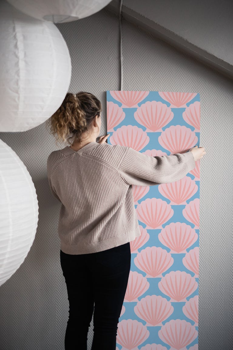 Modern scallops pink / blue (large scale) wallpaper roll