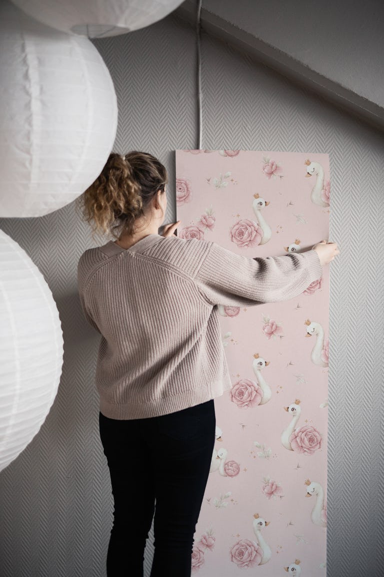 Peony Swan - small - pink wallpaper roll