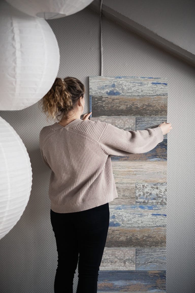 Vintage Wood Tiles Capri Blue wallpaper roll