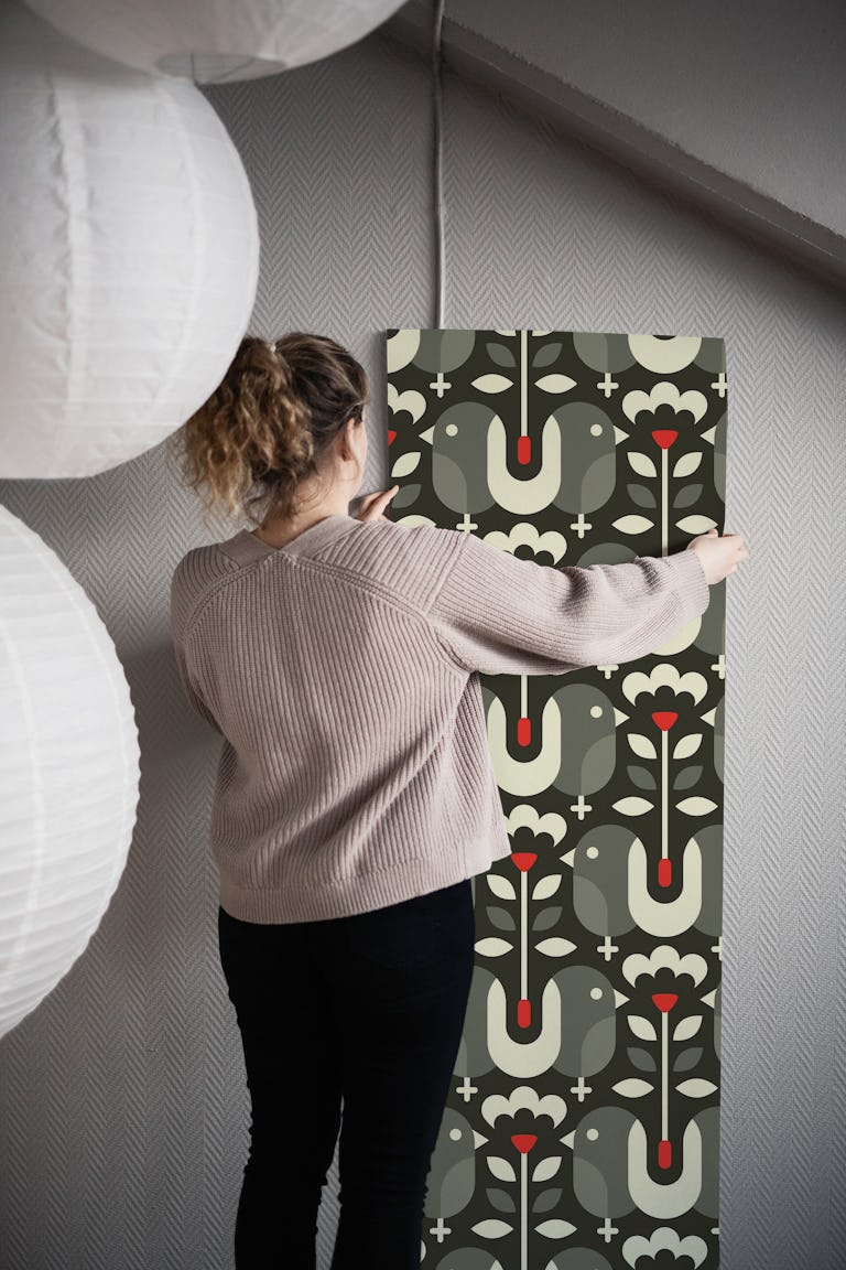 Modern Bird Art Decor / Dark Grey wallpaper roll