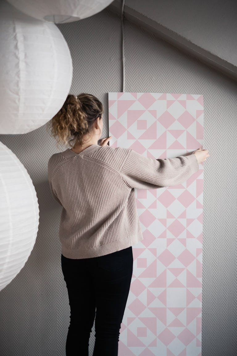 Victorian tiles patchwork - light pink white wallpaper roll
