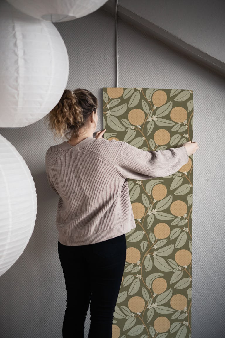 Vintage Orange Orchard.Trailing orange tree wallpaper roll