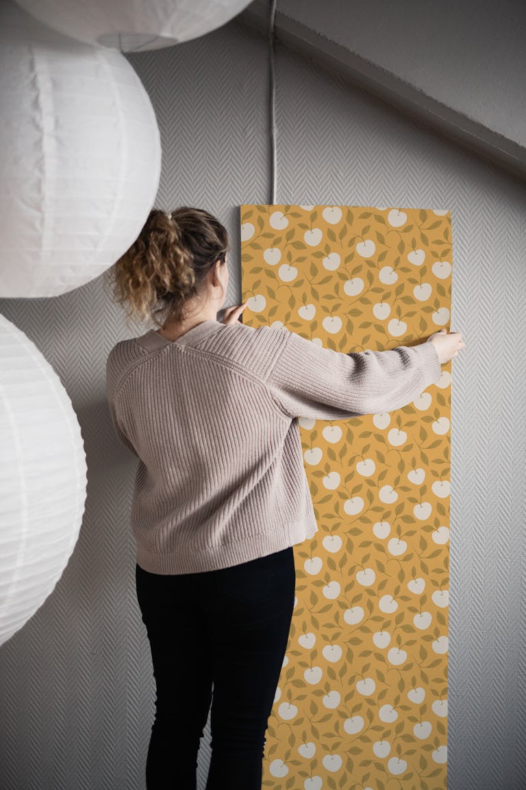 Autumn Harvest Apple Vine Mustard Yellow wallpaper roll