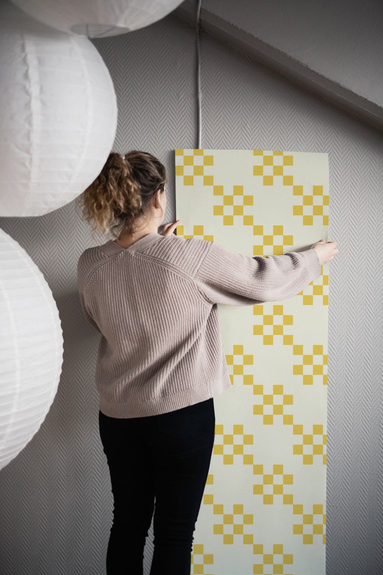 Grid stripes - cream and yellow wallpaper roll