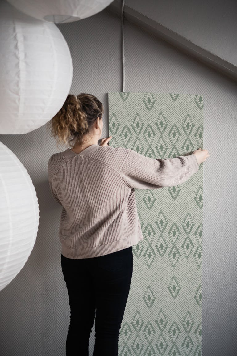Rustic Diamond chevron woven texture green wallpaper roll