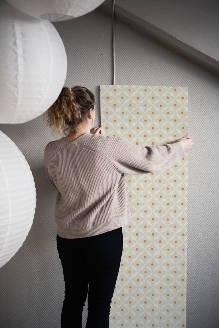 Grid Retro Daisy Flower.Sandy Cream-eggshell wallpaper roll