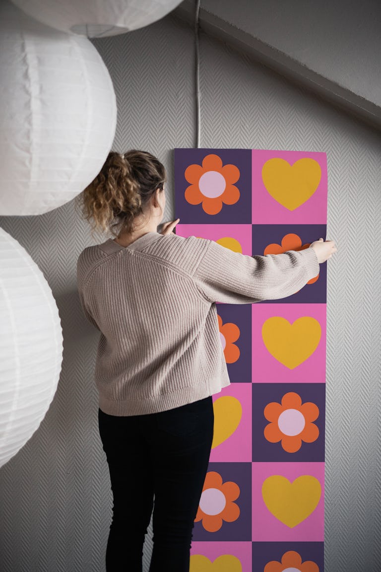 Retro Pink Orange Purple Floral Checkerboard wallpaper roll