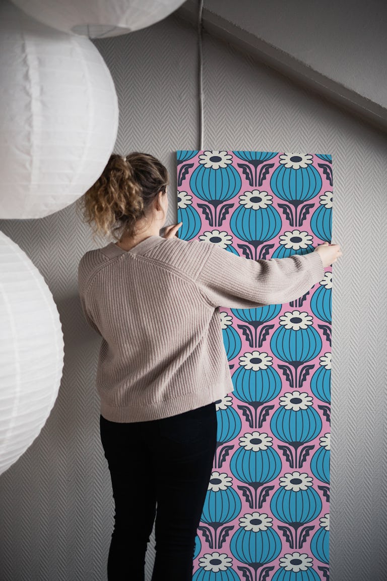 Bold Vintage Poppies Blue Pink - S wallpaper roll