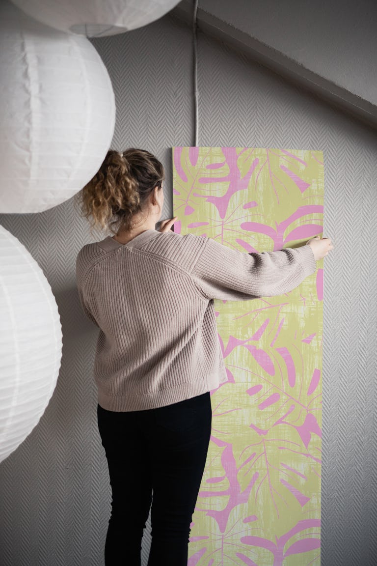 Jungle Leaves in citron green and pink wallpaper roll