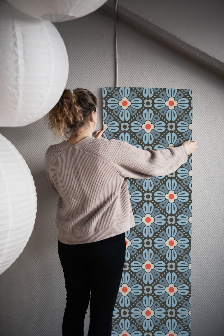 Retro Floral Tiles in Blue Red - S wallpaper roll