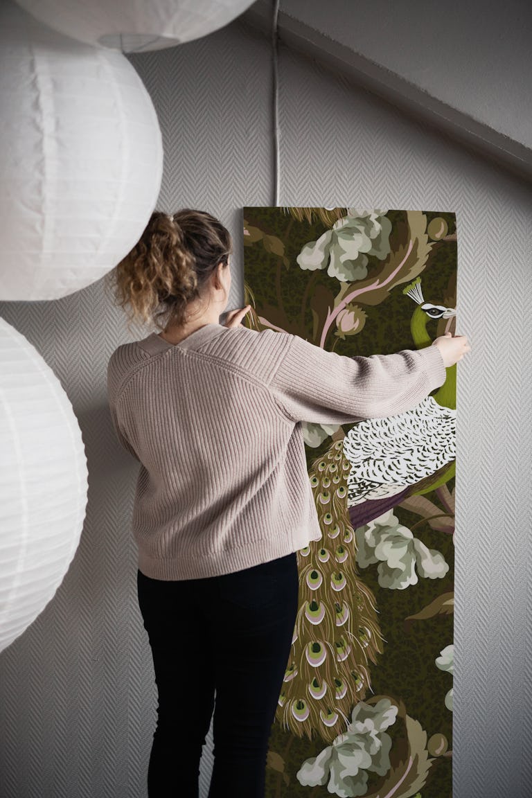 Vintage Ornate Peacock - Brown & Olive Green wallpaper roll