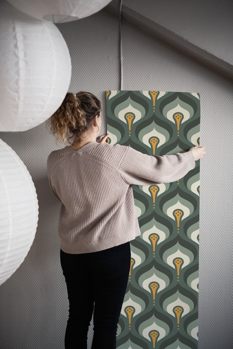 Retro Flowing Motif in Green Yellow - S wallpaper roll