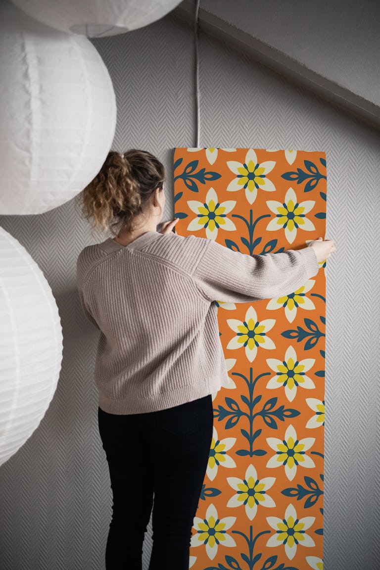Radiant Vintage Flower Vibes in Orange - L wallpaper roll