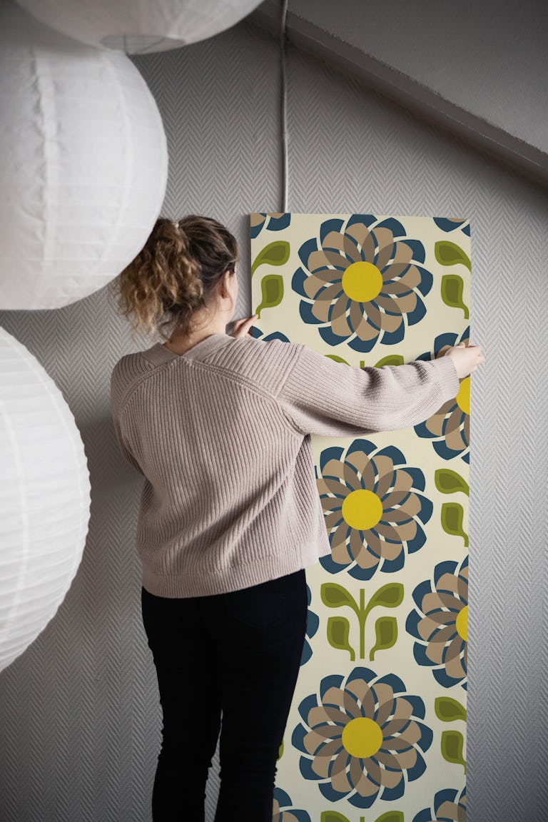 Geometric Flower Fusion in Brown Green - L wallpaper roll