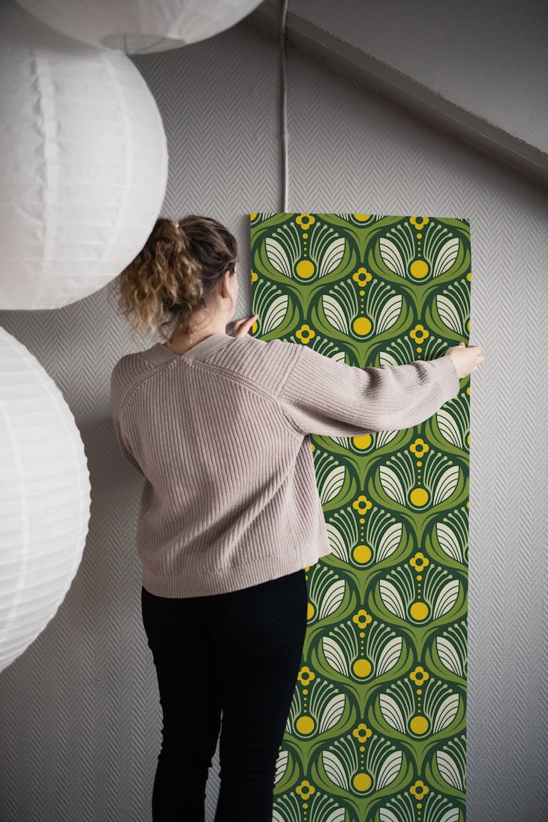 Art Deco Floral in Green - S wallpaper roll