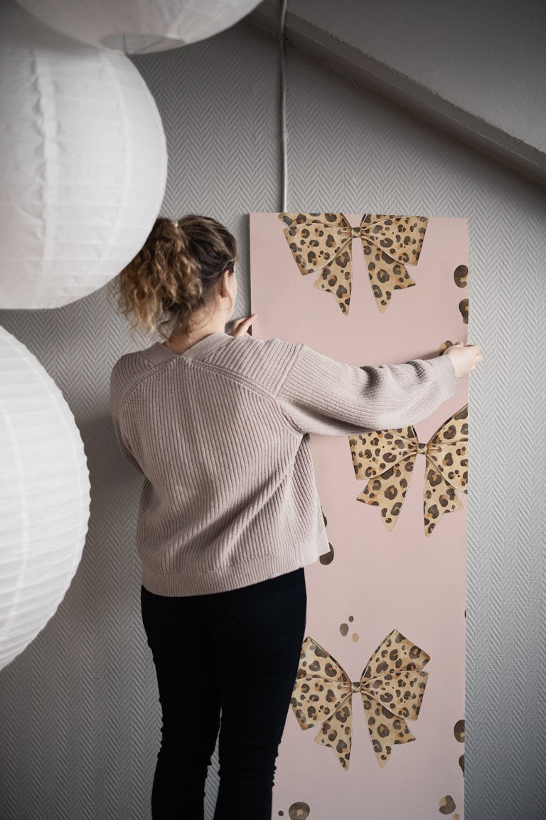 Leopard Bows - dusty rose wallpaper roll