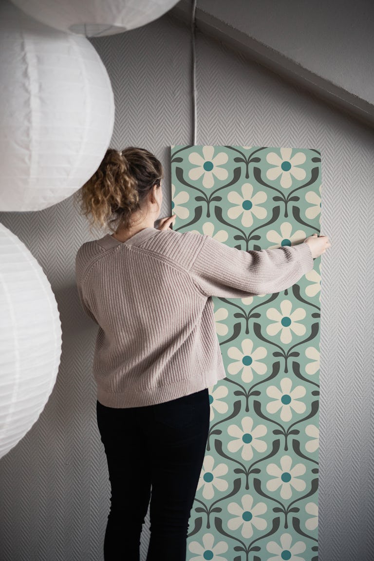 Retro Daisy Blooms in Turquoise Teal - S wallpaper roll