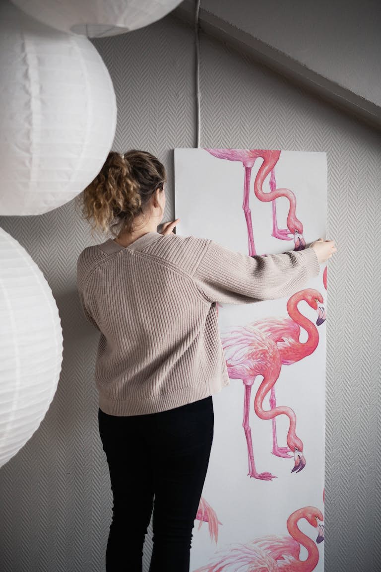 Flamingos on white wallpaper roll