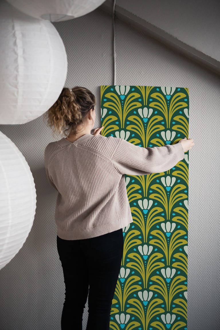 Mid-Century Blossoms in Green Blue - S wallpaper roll