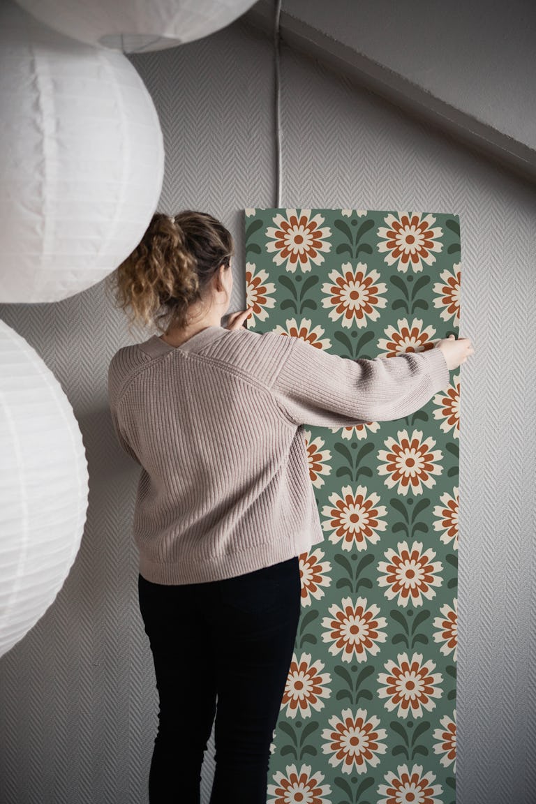 Rustic Daisy Harmony in Green Red - S wallpaper roll