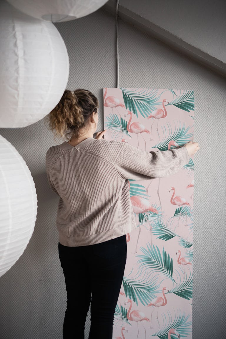 Blush Flamingo Palm Vibes 1 - Seamless wallpaper roll
