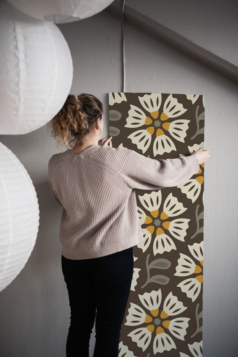 Retro Blossom Delight in Brown Yellow - L wallpaper roll
