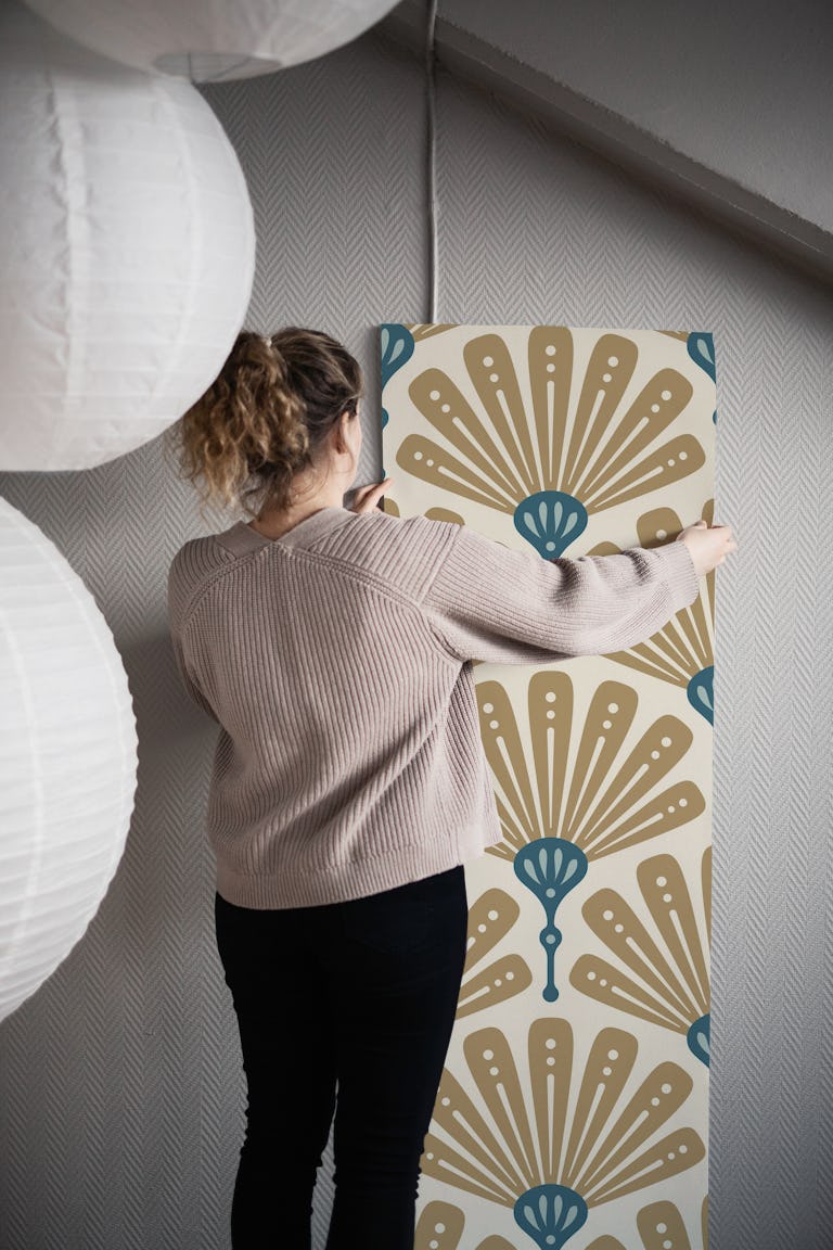 Art Deco Scallop Motif in Gold Teal - L wallpaper roll
