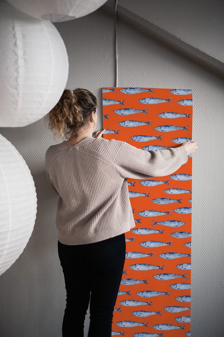 Sardines on Orange wallpaper roll