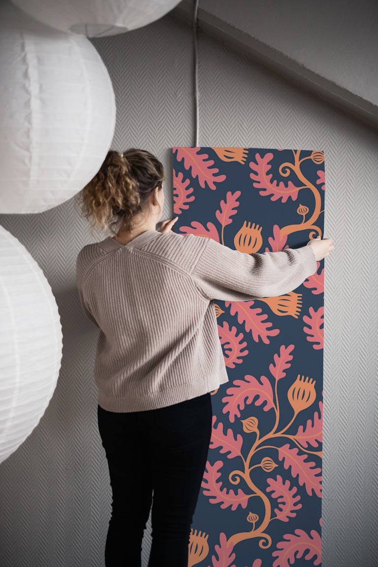 Twisting Vine - pink peach on navy Medium wallpaper roll