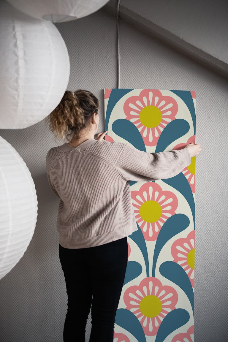Mid-Century Flower Power in Pink Green - L wallpaper roll